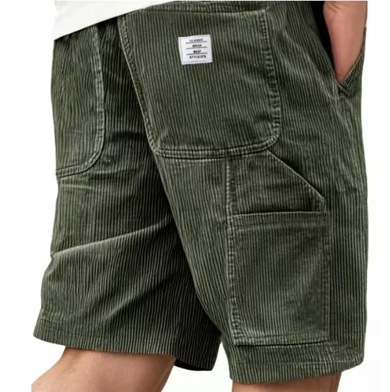 Men's Workwear Shorts Summer Casual Corduroy Loose Elastic Waist Multi-Pocket Leisure Pants Embroidery Retro Style Male Trousers