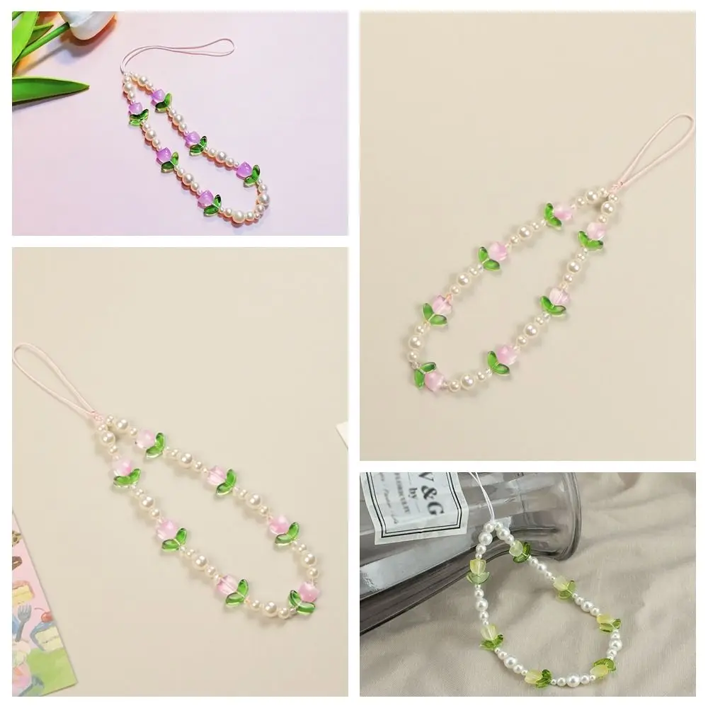 Pearl Bead Tulip Bead Phone Charm Strap Glass Tulip Tulip Mobile Phone Chain Sweet Colorful Flowers Beaded Cellphone Strap