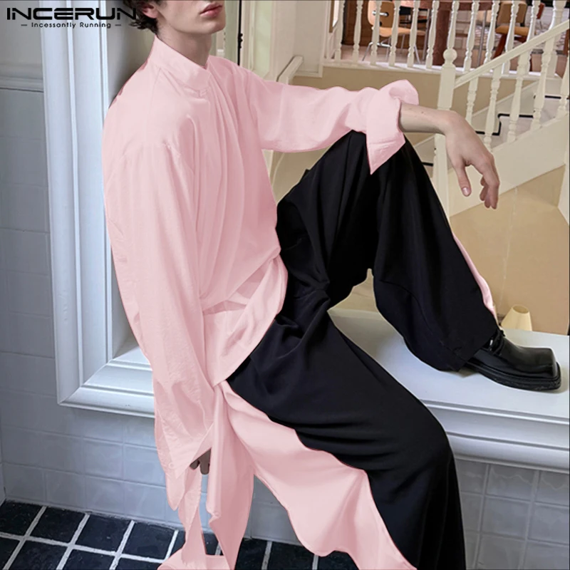 

INCERUN Мужская рубашка нестандартной формы, однотонная рубашка с лацканами и длинными рукавами на пуговицах, мужская одежда, уличная одежда, 2025 г., свободные модные повседневные топы на бретельках