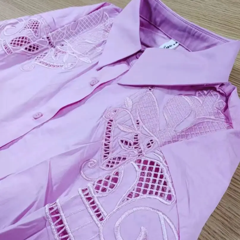 Camicette rosa in cotone con ricamo floreale con foto reali Camicette per top oversize a maniche lunghe da donna Abbigliamento donna