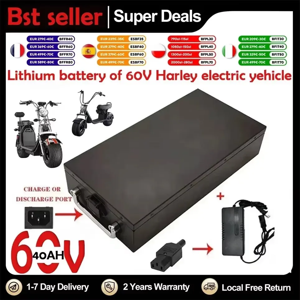 60V 40Ah Lithium-Akku für Elektromotorräder, 2000W Hochleistungsmotor geeignet für Harley Davidson Folding Citycoco Elektroroller, inklusive kostenlosem Ladegerät