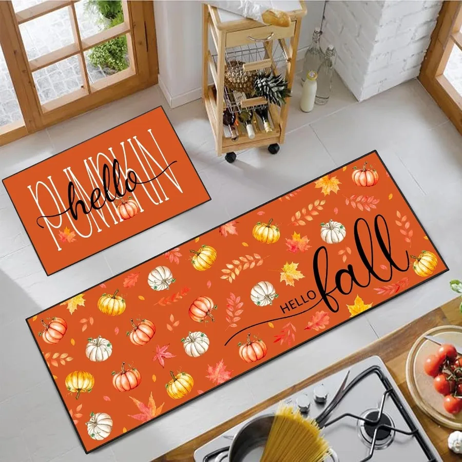 

Orange Hello Pumpkin Fall Kitchen Rug Set of 2 Autumn Home Decor LowProfile Kitchen Floor Mats NonSlip Washable Microfiber Carp
