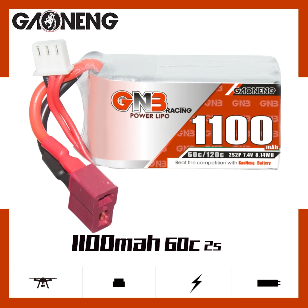 GAONENG GNB 2S 7,4 V 1100 mAh 60C Lithiumbatterie mit T-Stecker, geeignet für FPV-Drohnen und Quadrocopter.