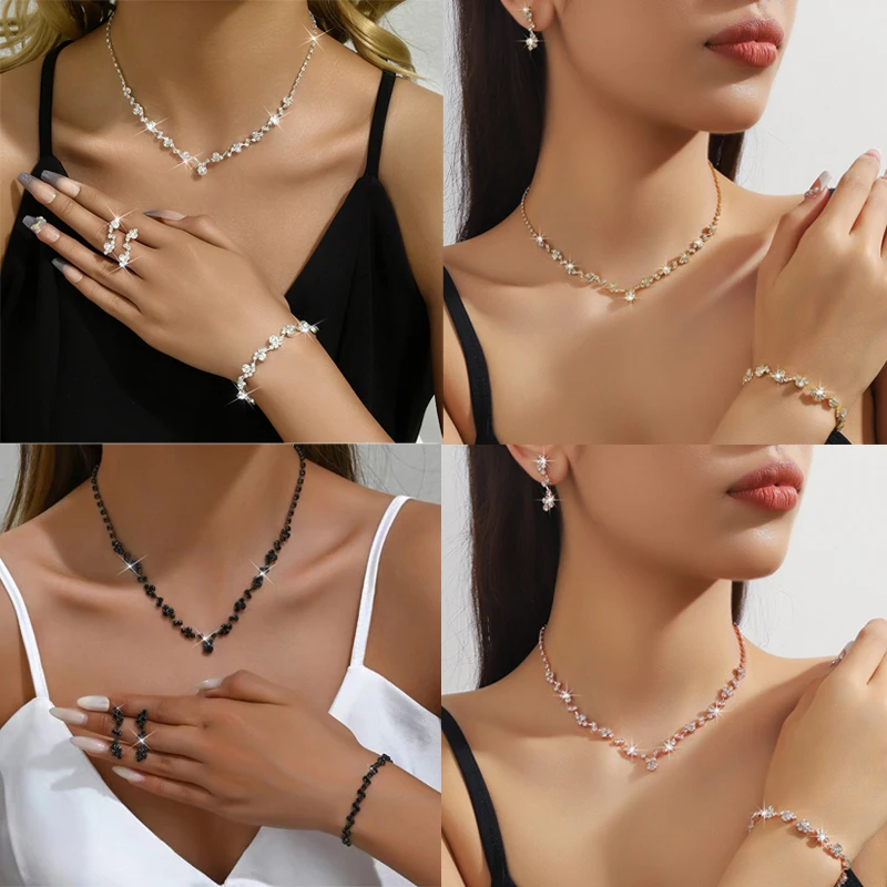 

2024 Simple and Exquisite Hot Selling Claw Chain Necklace, Earrings, Bracelet Set, Three Piece Set, Full Diamond Clavicle Chain