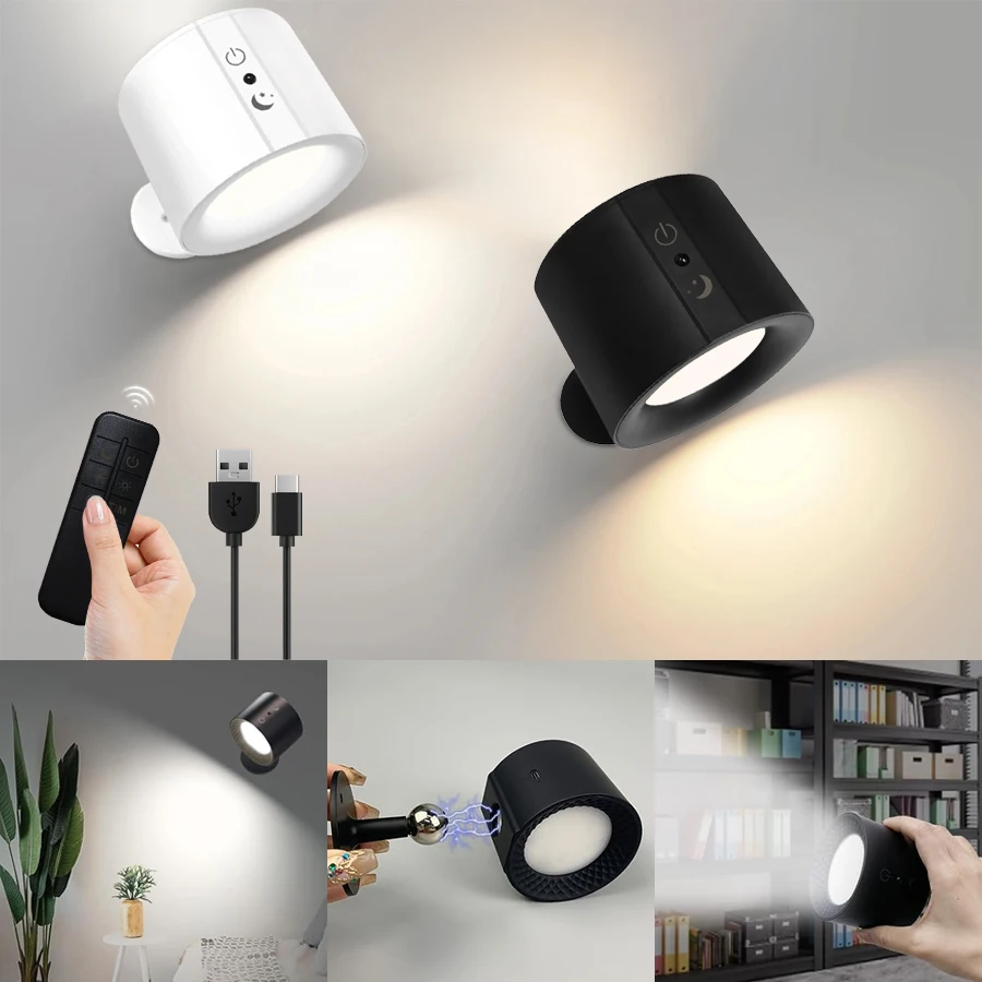 

Led Double Head Wall Sconces Light Touch Control Remote 3 Color Modes Wall Light 360 Rotatable USB Recharge Wireless Night Light