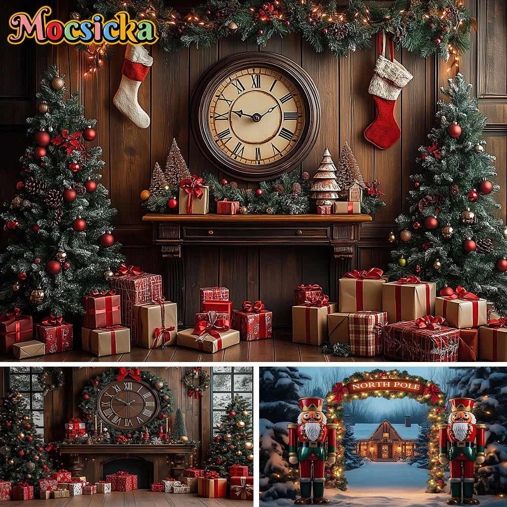 

Santa Claus Workshop Background Photography Christmas Tree Gift Clock Wooden Window Backdrop Kids Winter Birthday Photo Studio