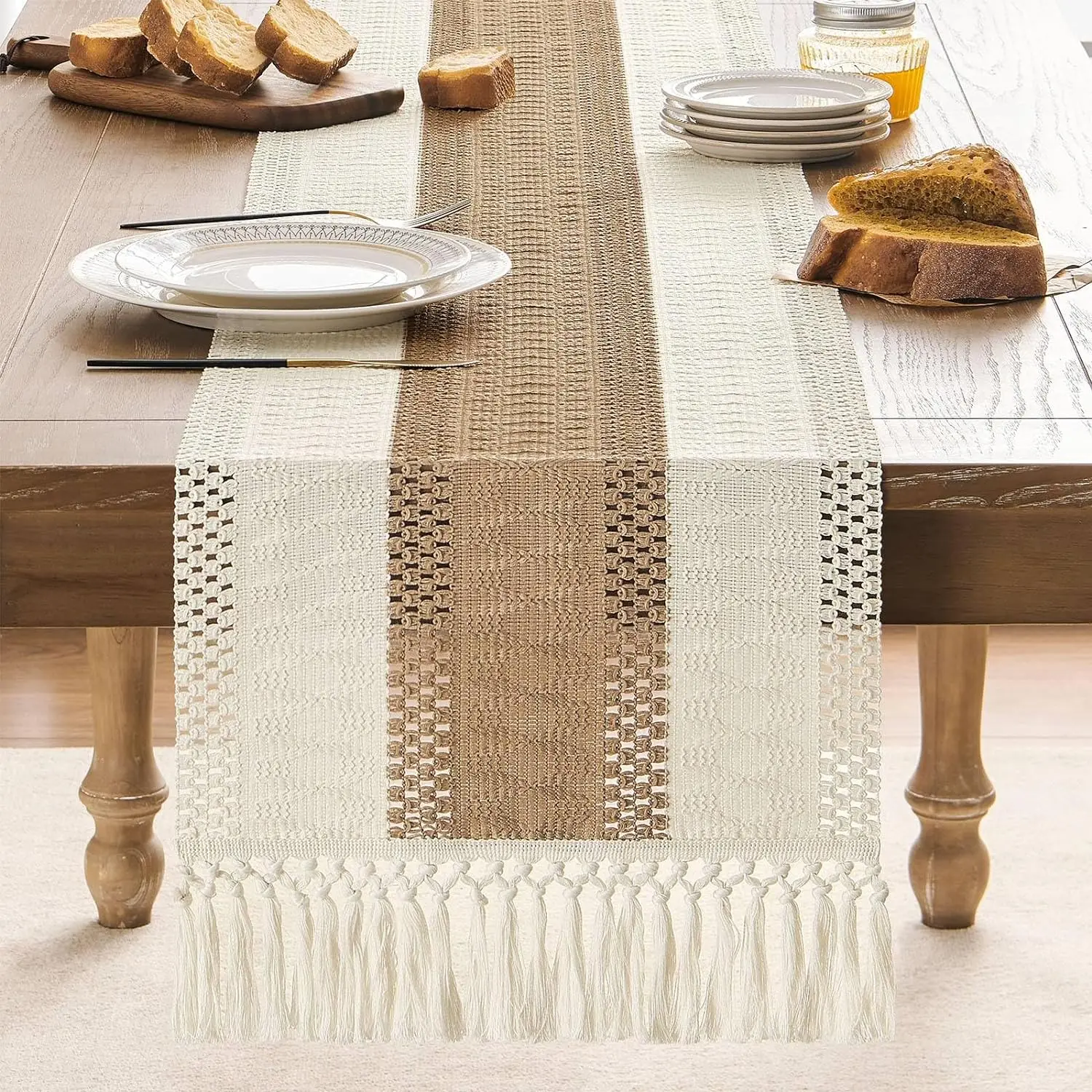 Simple cotton and linen tablecloth, long tassel tablecloth, home living room dining table decoration tablecloth, table runner