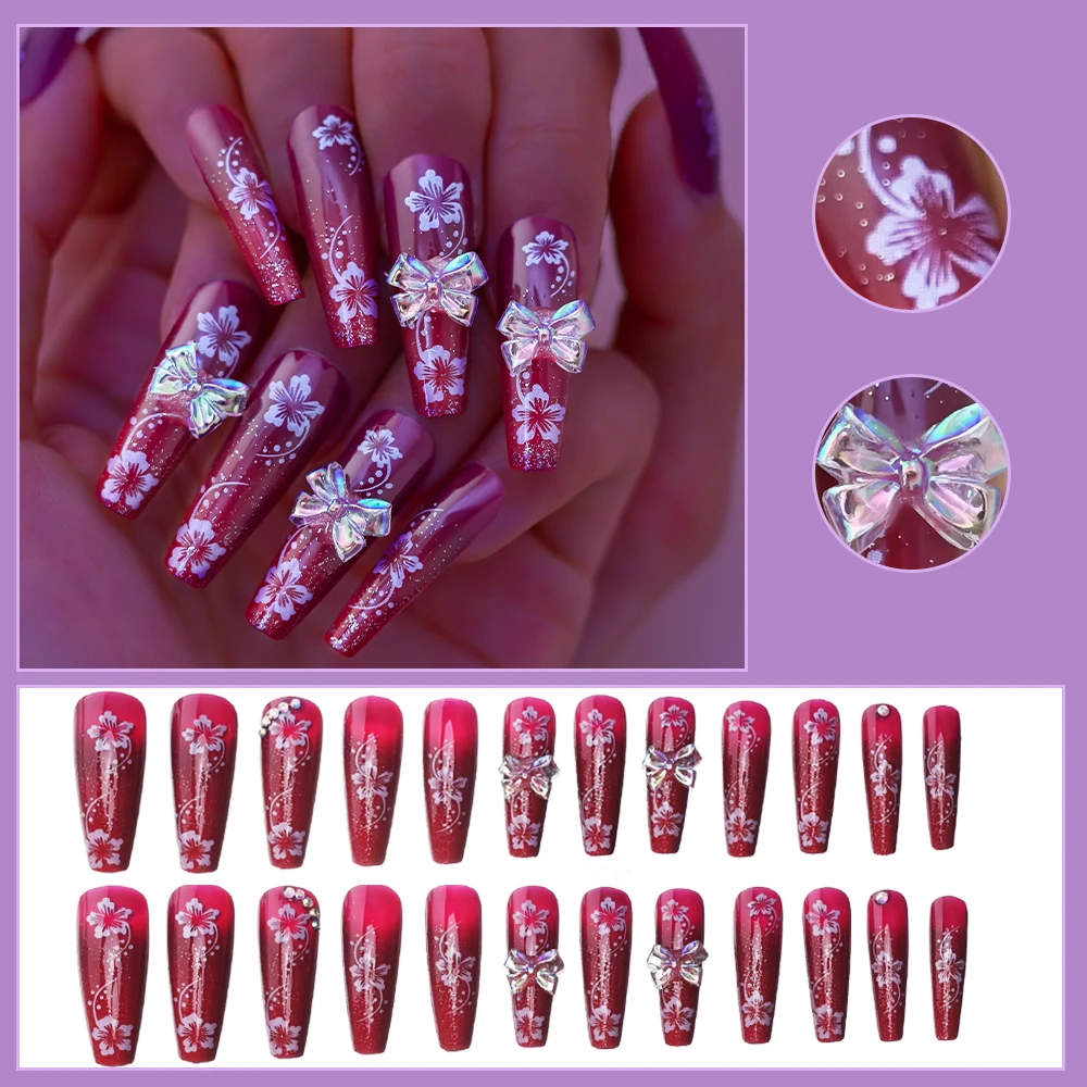 棺の形をした長い偽の爪,真珠のラインストーンが付いたピンクの弓,完全にカバーされた偽の爪,フランスのデザイン,24個