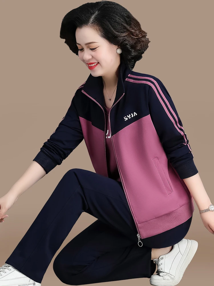 

Stylish Midlife Mom Spring Fashion Top Bottoms Set Large Size Sportswear Three-piece Women's Clothing Casual Loose Fit Long P...