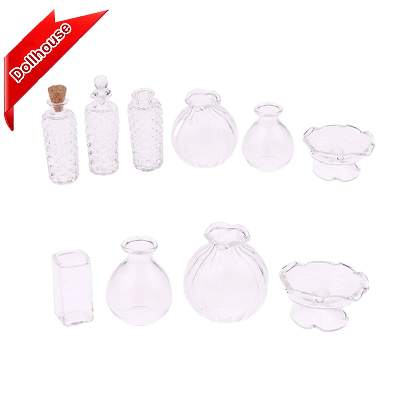 Vase en verre Miniature pour maison de poupée 1:12, tasse à Dessert, bouteille de vin, bouteille de souhait avec bouchon, décoration de maison, jouet, accessoires pour maison de poupée