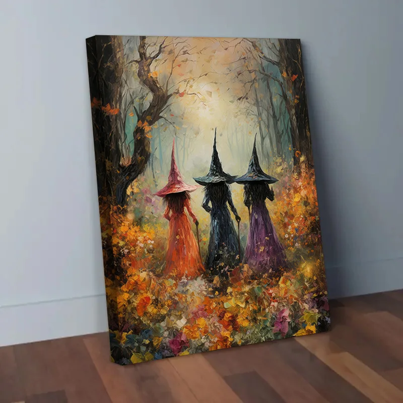 Framed Beautiful Witches Coven Scenery Canvas Painting Vintage Halloween Wall Art Poster Modern Artwork Home Decor for Bedroom