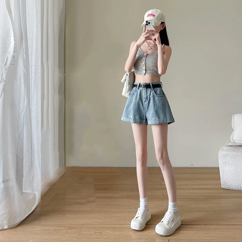 Rhinestone Rolled Denim Shorts Women Summer Blue High Waist Wide Leg Short Pants Female Loose Casual Shorts