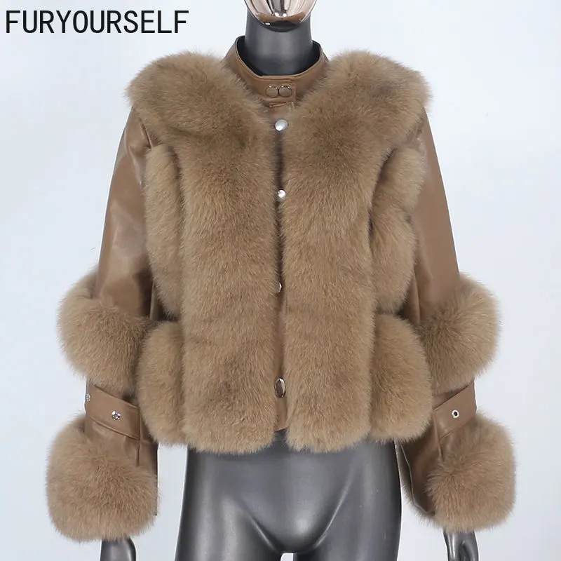 

FURYOURSELF 2023 Real Fur Coat Winter Jacket Women Natural Fox Fur Genuine Leather Outerwear Detachable Streetwear Locomotive