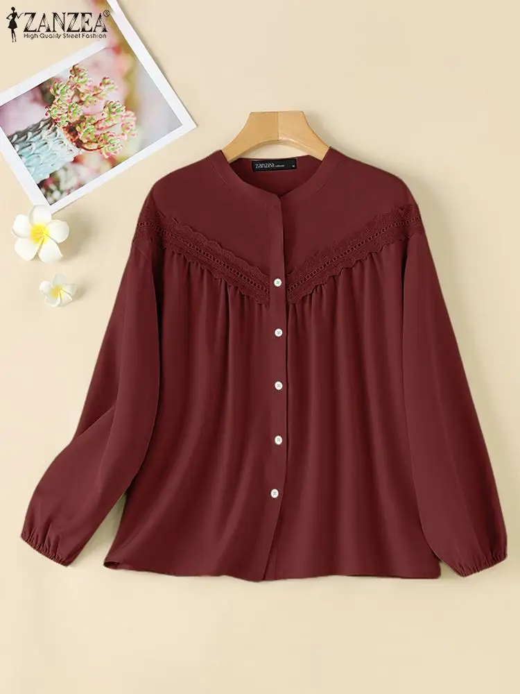 ZANZEA Stylish Autumn Women Long Sleeve Lace Tops Casual Button Up Blusas Female Elegant Solid OL Work Blouse Patchwork Shirt