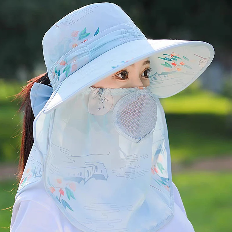 

Sun Hat Woman Summer Women's UV Protection Cap Outdoor Travel Cycling Face Mask Hat Shawl Hats Windproof Removable Tea Picking