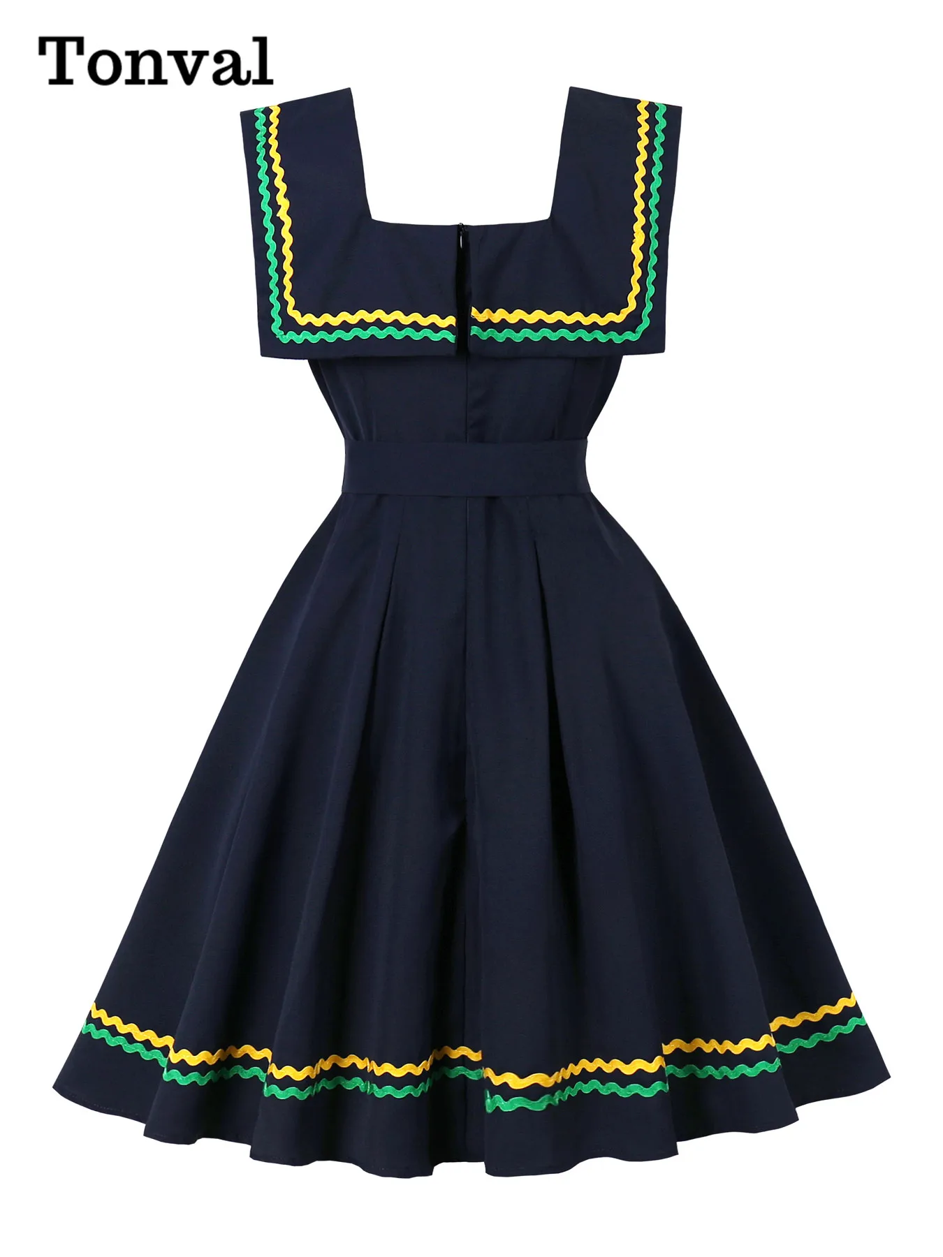 Tonval Contrast Webbing Square Neck Sleeveless Swing Pleated Women Dresses Summer Prom Birthday Party Vintage Swing Dress