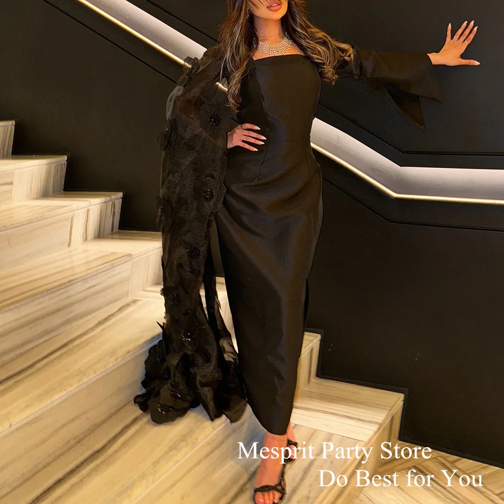 Saud Evening Dress Square Neck Long Sleeve Customized Black Prom Gown Side Slit Ankle Length Arabian Wedding Party Dresses