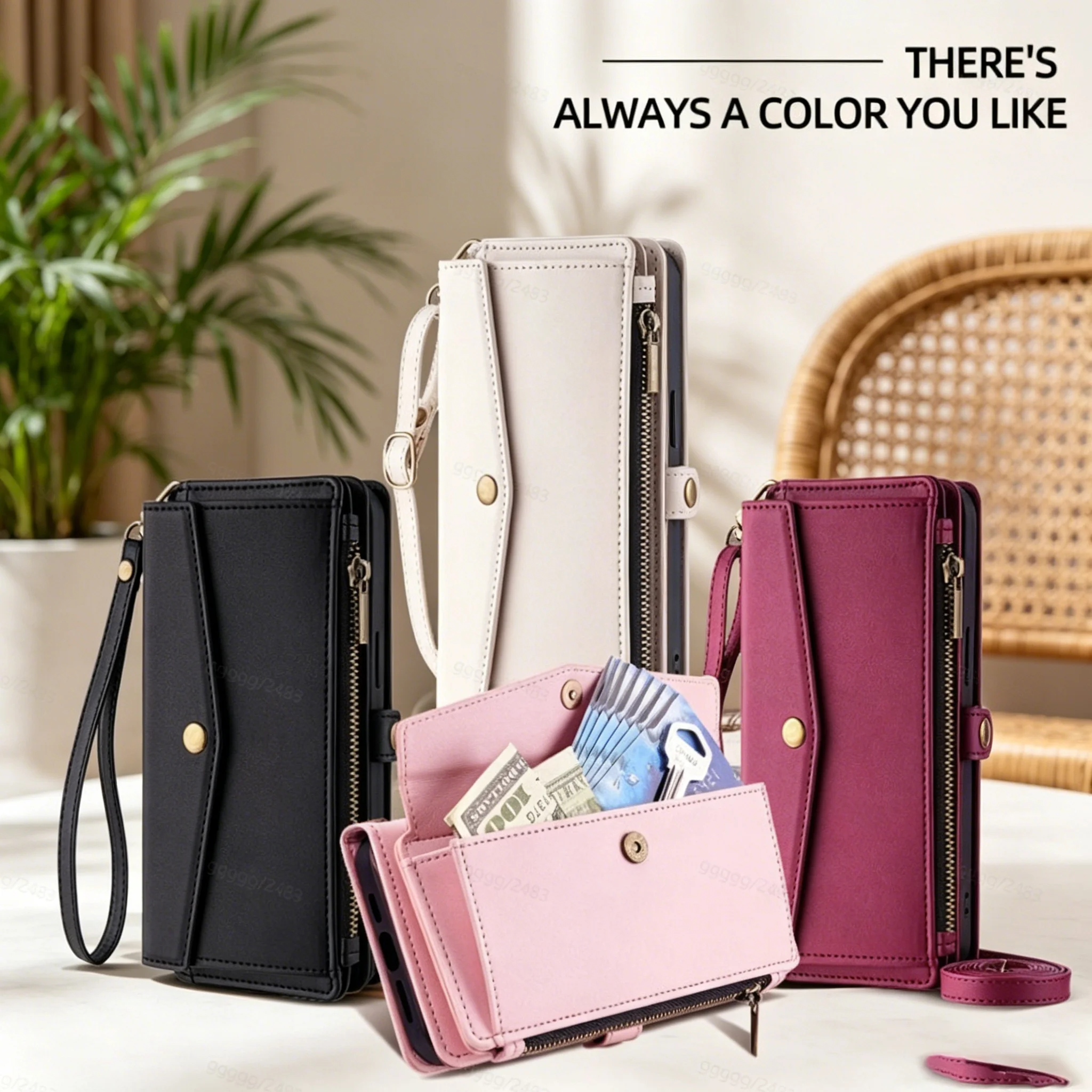 

Multi-Functional Zipper Wallet Phone Case For iPhone 12-17 Series, TPU+PU Leather Card Holder Crossbody Strap Shockproof Cover