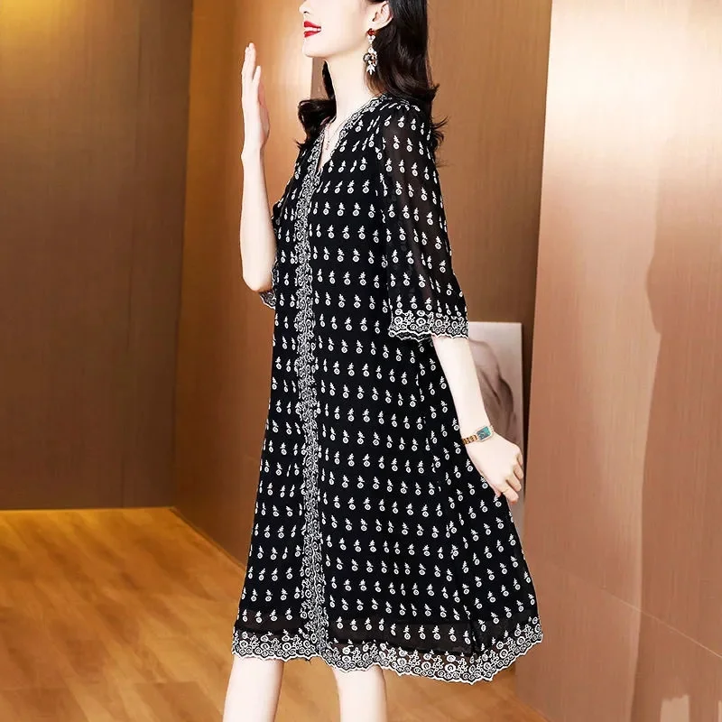 

Polka Dot Dress Female 2022 New All-Match Summer Three-Quarter Sleeve Fashion Temperament High-end Fat mm Loose Skirt Printing W