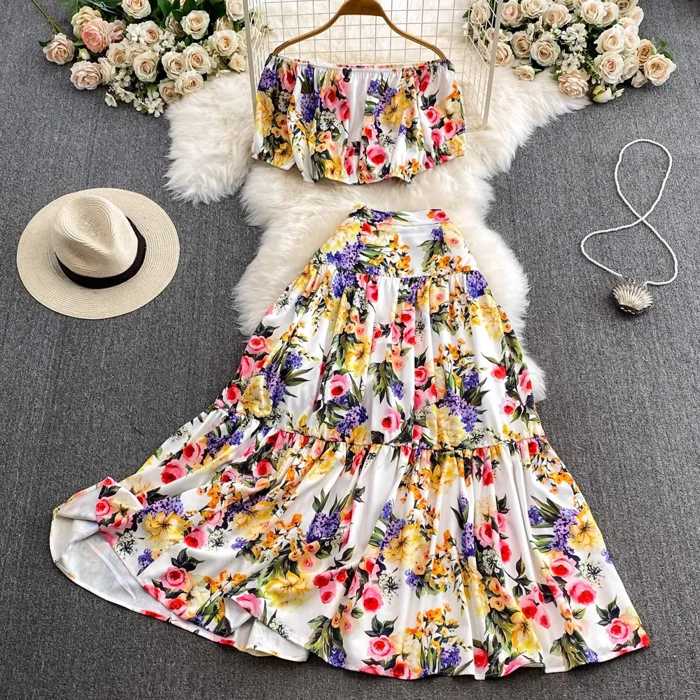 Summer Runway Flower Two Piece Set Women\'s Slash Neck Elastic Short Crop Tops + Holiday Beach Maxi Skirt Suits Female Outfits