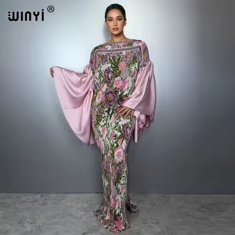 WINYI Bubble sleeve pleated dress beach cover up kaftan abaya dubai luxury party dress long down muslim woman evening dress
