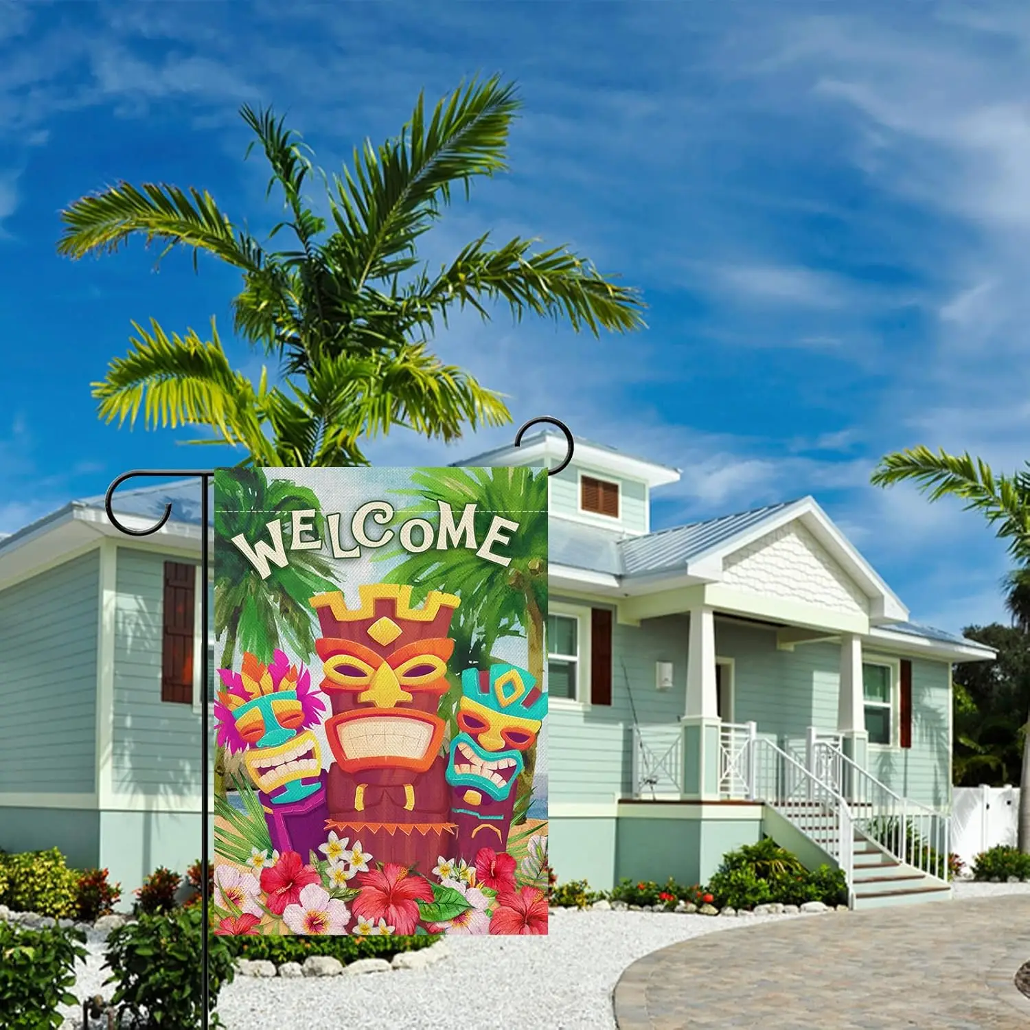 Hzppyz Welcome Summer Tiki Hibiscus Frangipani Garden Flag, Tropical Hawaii Luau Coconut Tree Floral Decorative House Yard O zzo
