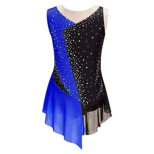 Kids Girls Figure Skating Rhythmic Gymnastics Leotard Dress Asymmetrical Split Shiny Rhinestones Contrast Color Dress Ballerina - Image 10
