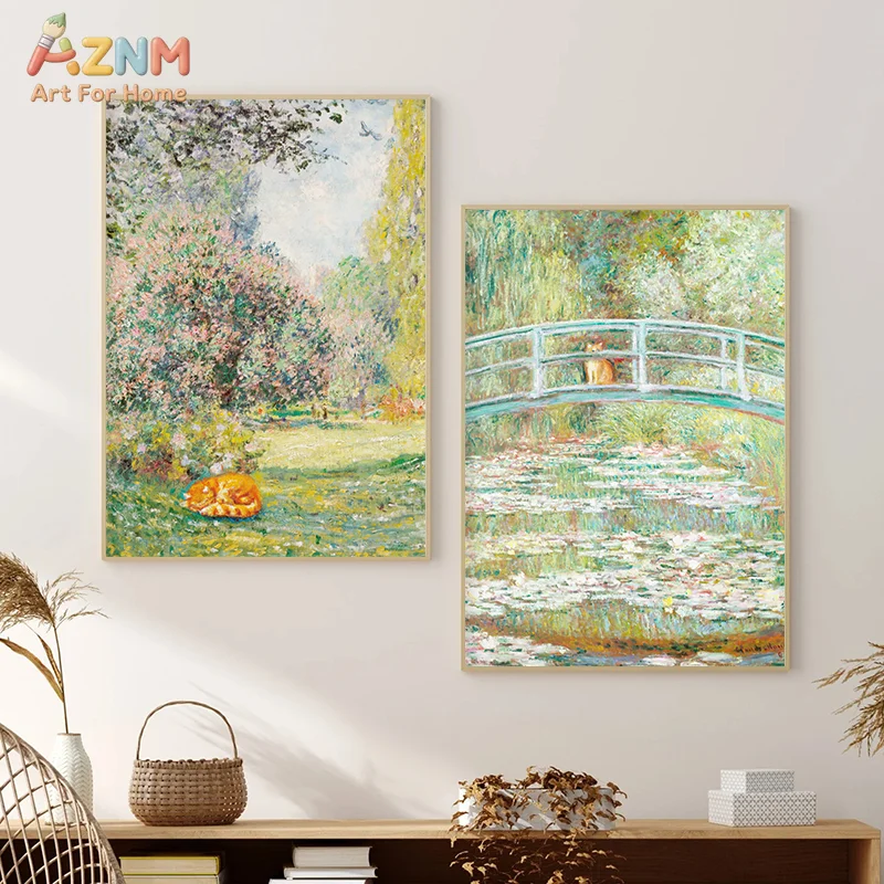 aznM Monet Waterlily Garden Cat Canvas Wall Art, Impressionist Lily Pond & Japanese Bridge with Cat Single Unframed Canvas Print