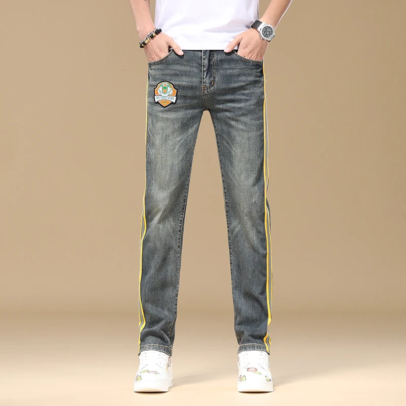 Jeans bordado listrado lateral masculino, jeans de perna reta, calça casual high-end, moda luxuosa, leve, novo, 2024