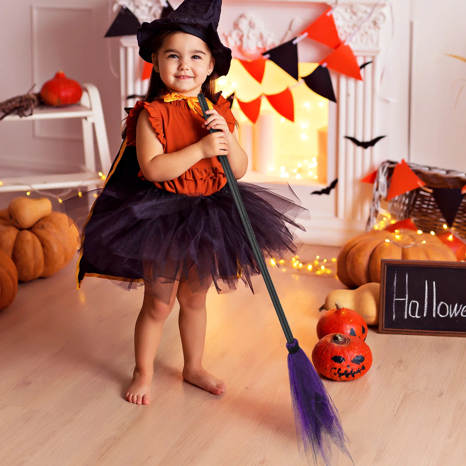 Scopa da strega in tulle netto, leggera e portatile, per feste di Halloween, decorazioni per cosplay, per bambini, donne, uomini, palette di scopa da mago