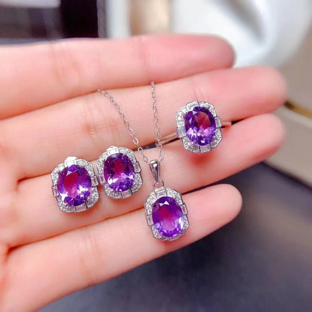 Natural Amethyst  Silver 7mm*9mm Total 8ct  Pendant Ring Earrings Birthday Gift Classic Amethyst Necklace for Wedding