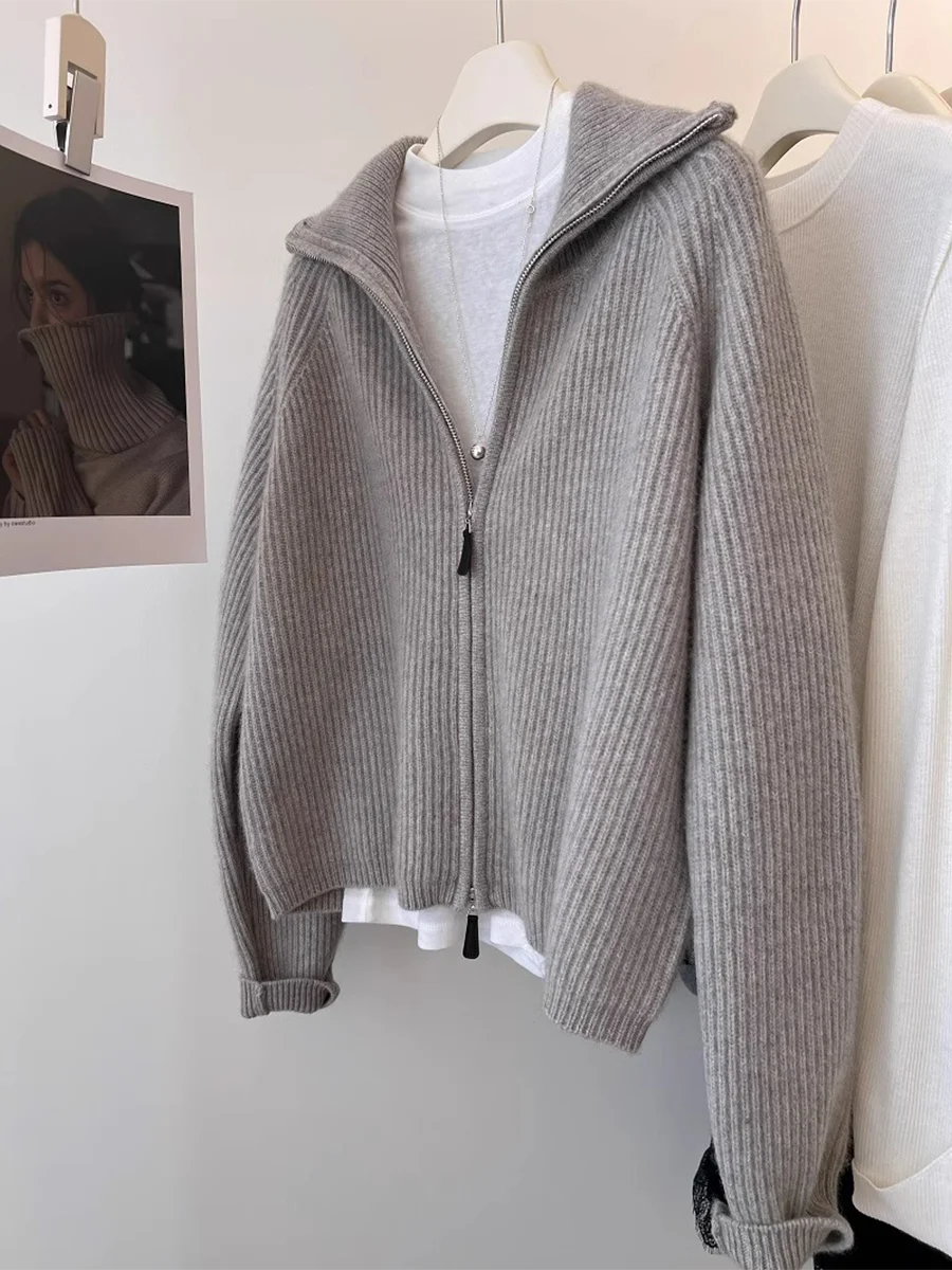 

Lapel double zipper knitted sweater coat women's early autumn new thick cashmere cardigan