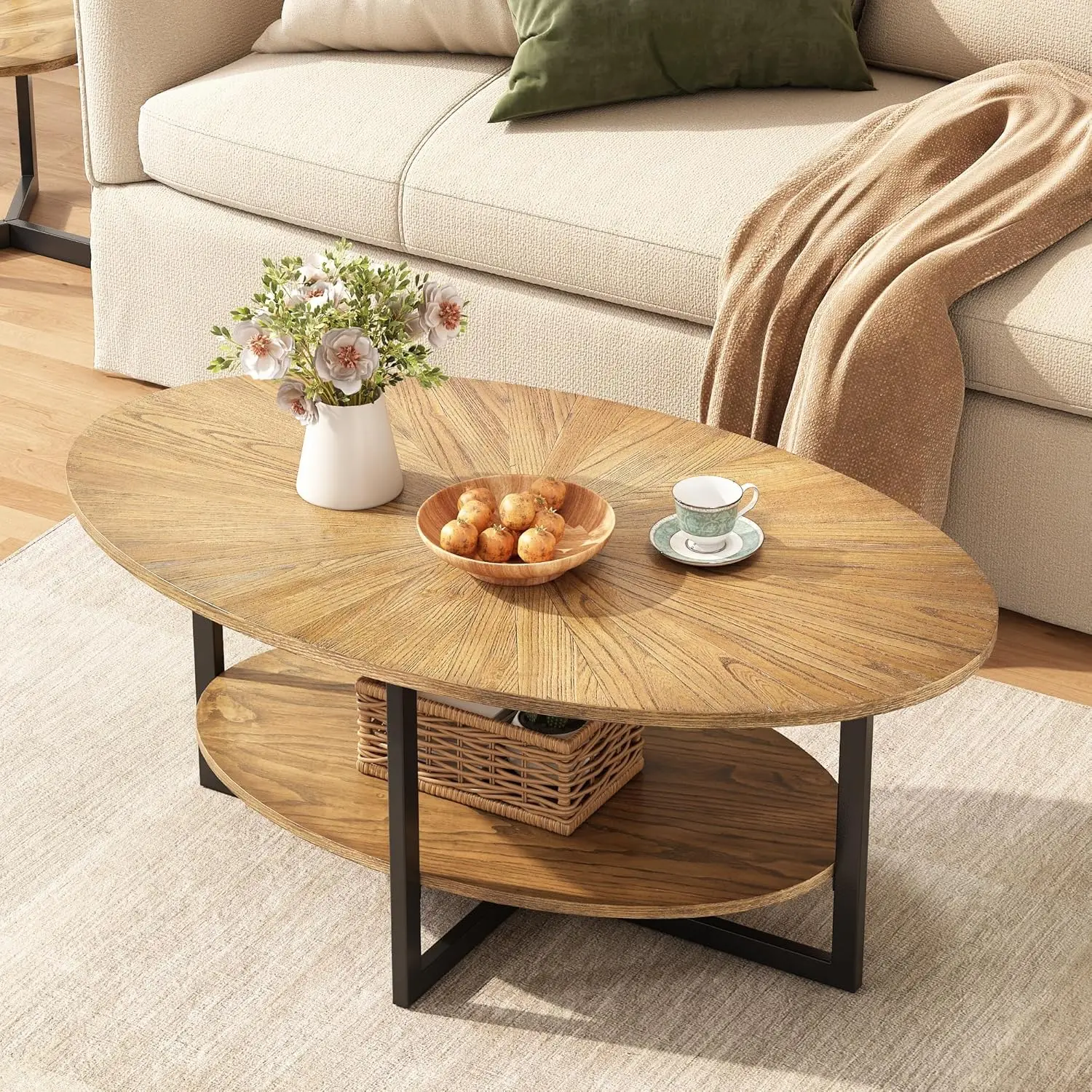 Solid Wood Oval Coffee Table With Cross Metal Legs, 43.3in Modern Center Table With Open Shelf Cocktail Tea Table For