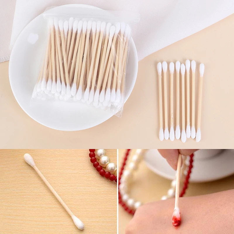 Double Head Descartável Maquiagem Cotonete, Soft Cotton Buds para Médicos, Wood Sticks, Nose Ears Cleaning Tools, 7.2cm, 100Pcs por Saco