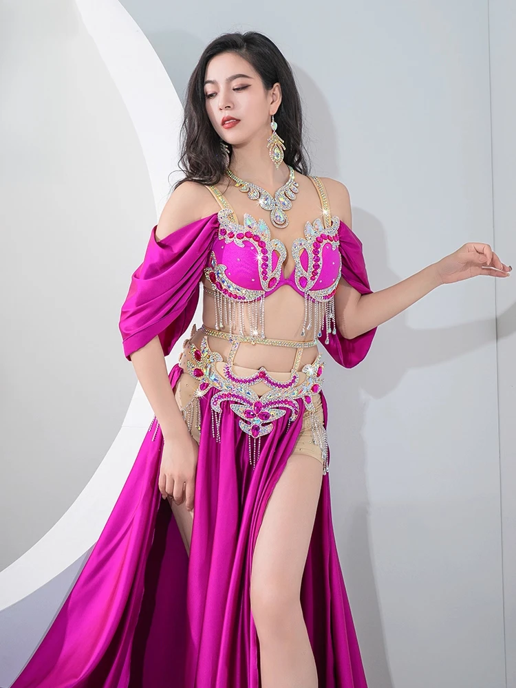 Nuovo stile costume da spettacolo di danza del ventre doppia fessura splendida gonna ampia altalena vestito da competizione di gruppo di danza orientale