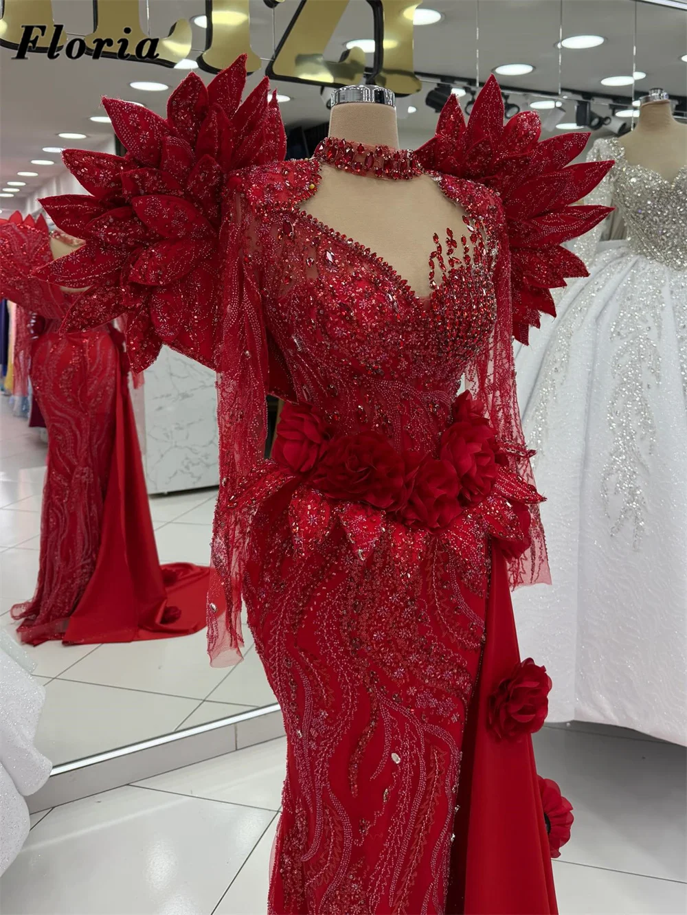 

2026 Sparkly Burgundy Long Sleeves Evening Dresses Photography Gowns 3D Beading Floral Dance Party Dress Customized Prom 2026