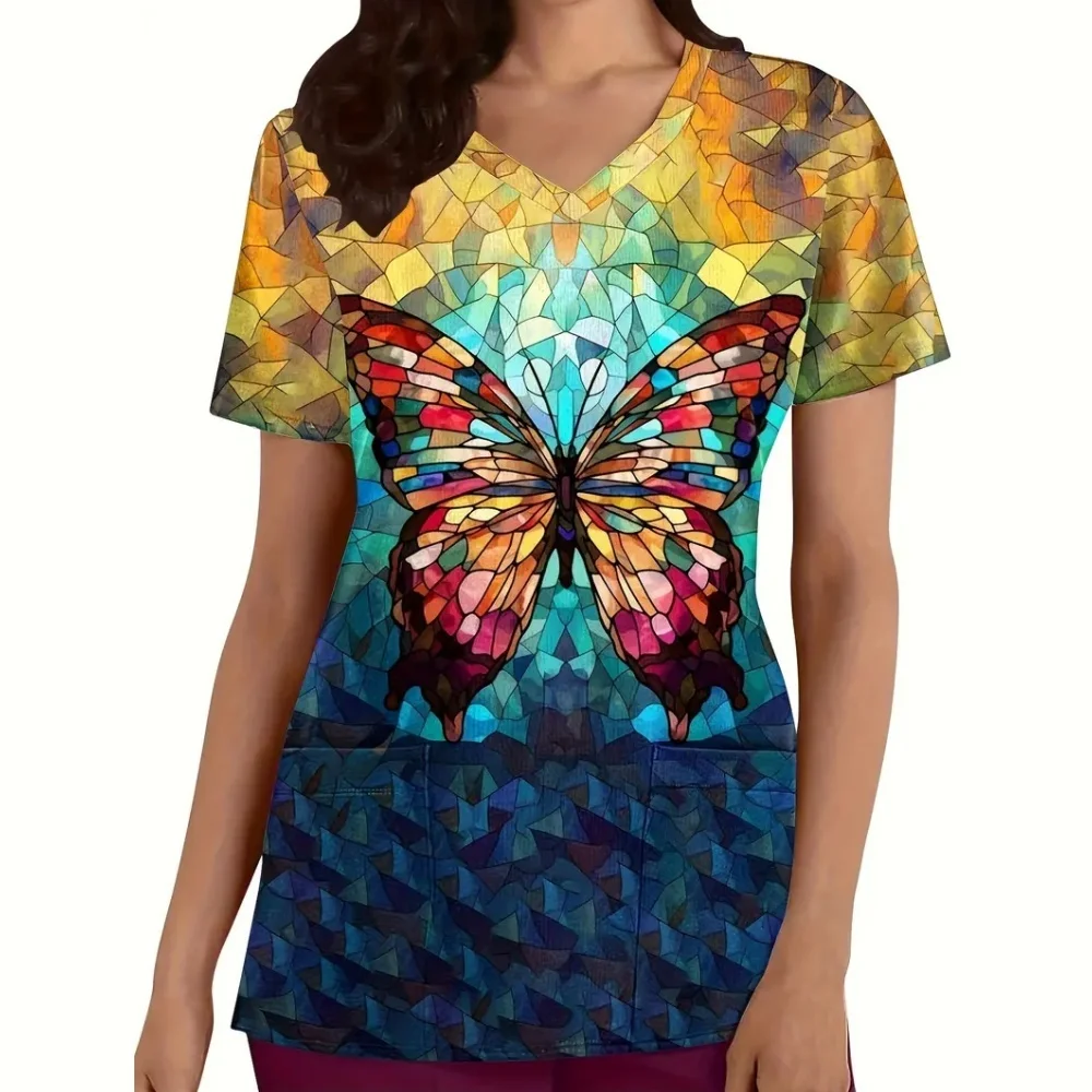 Schmetterlingsdruck, dehnbares Oberteil mit zwei Taschen, V-Ausschnitt, bequeme und funktionelle Pflege, kurzärmelige Uniform für Krankenschwestern-Damenbekleidung