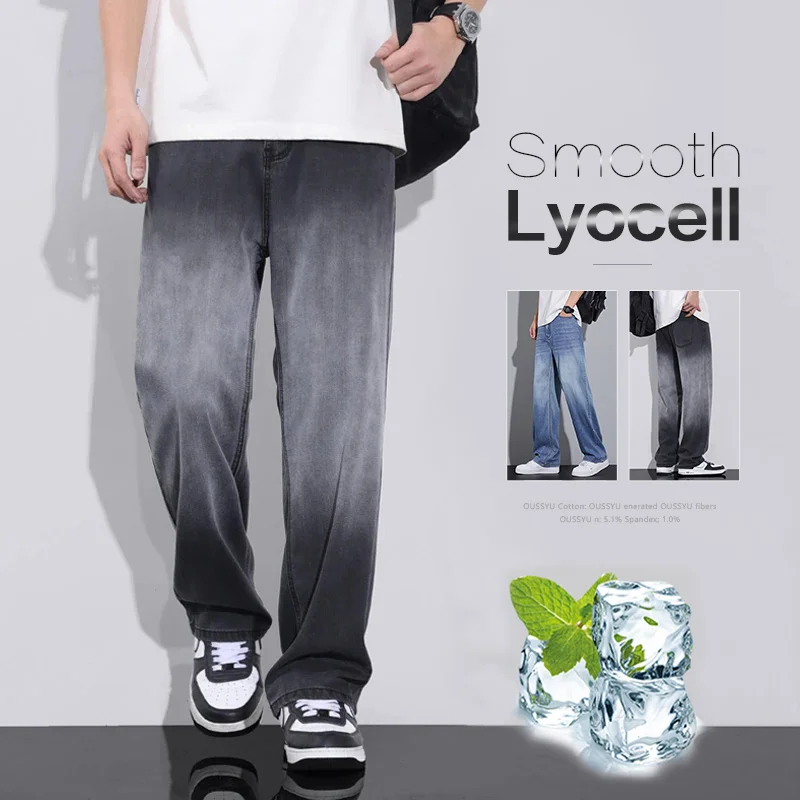 

Gradient Grey Jeans Men Summer Smooth Lyocell Fabric Loose Wide Leg Pants Wear Slacks Street Clothing Retro Blue Thin Trousers