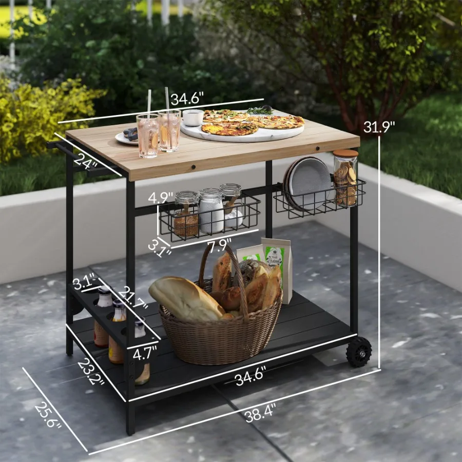 Rolling Beverage Cart: Wooden Outdoor Use Wheels Handle for Mobility Includes Wine Glass Storage