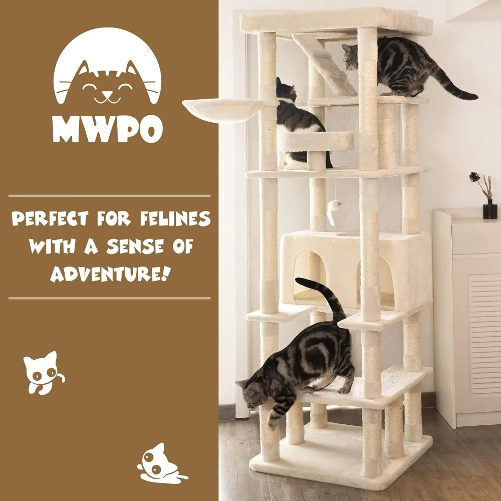 74.8 inches Large Cat Tree with Sisal-Covered Scratching Posts & Condo, Tall Cat Tower Entertainment Playground Furniture