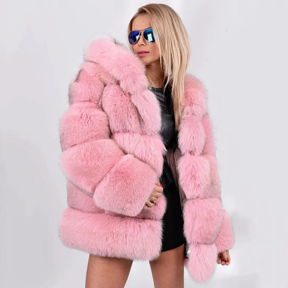 Mode Roze Dames Echte Vossenbontjassen Elegante Natuurlijke Bont Capuchon Warme Dikke Overjas Vrouwelijke Winter Echt Bont Jas