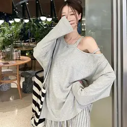 2024 sexy off-shoulder T-shirt female design niche loose oversize drop shoulder sleeve long-sleeved top female