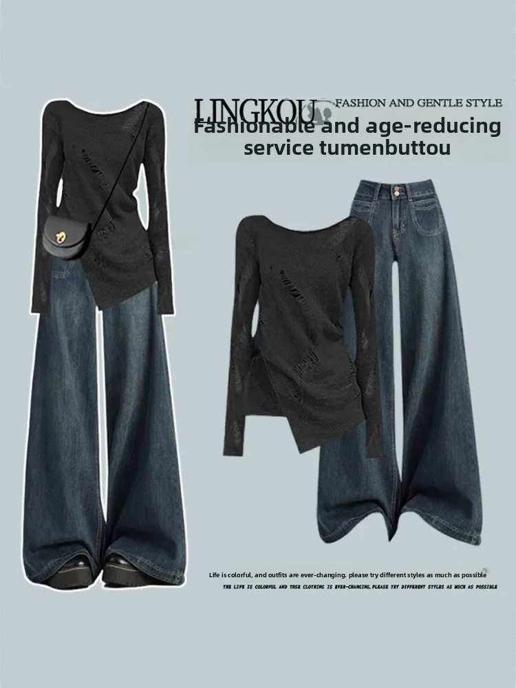 

plus Size Autumn Casual Women's Faion Set High Waist Jeans Long Sve T-irt Slimming Top Tee Piece Set for Younger Look