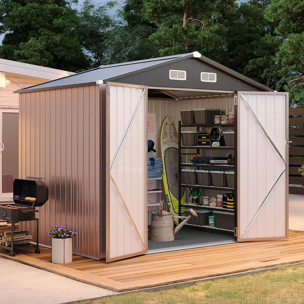 8x6T Shed with loor Galvanized Steel Outdoor Storage Shed (Brown) | Metal Garden Shed with Double Do, Moisture-Proo loor & Venti