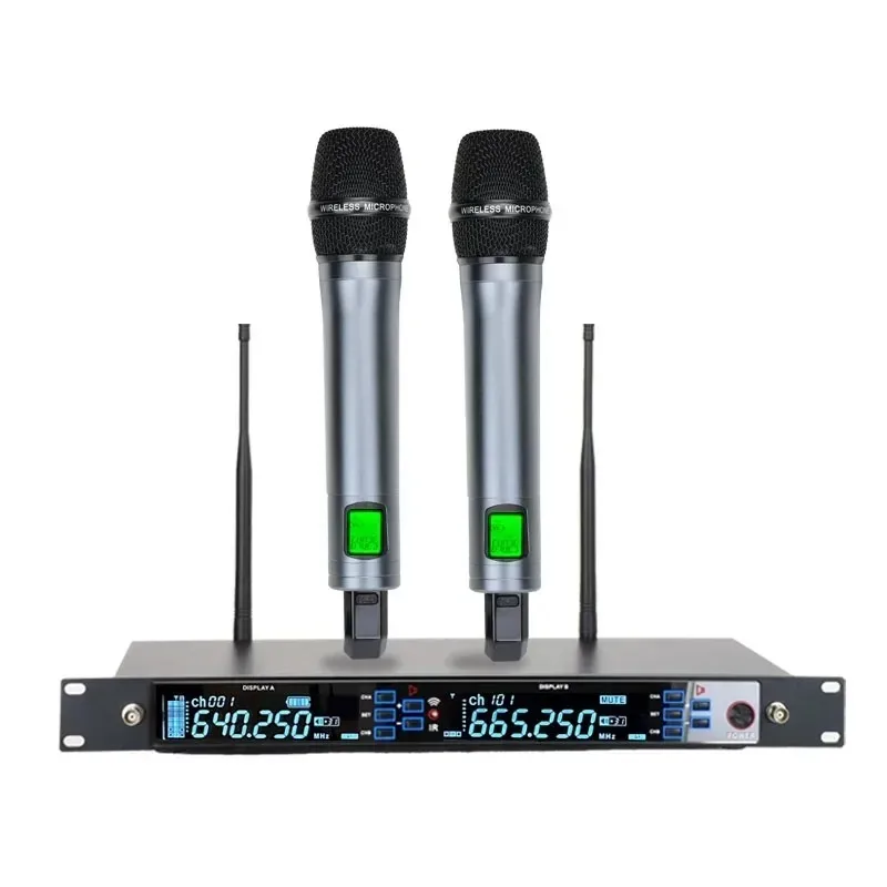 Wireless microphone system, 2-channel 2x100 UHF adjustable frequency distance of 100 meters, used for singing and performances