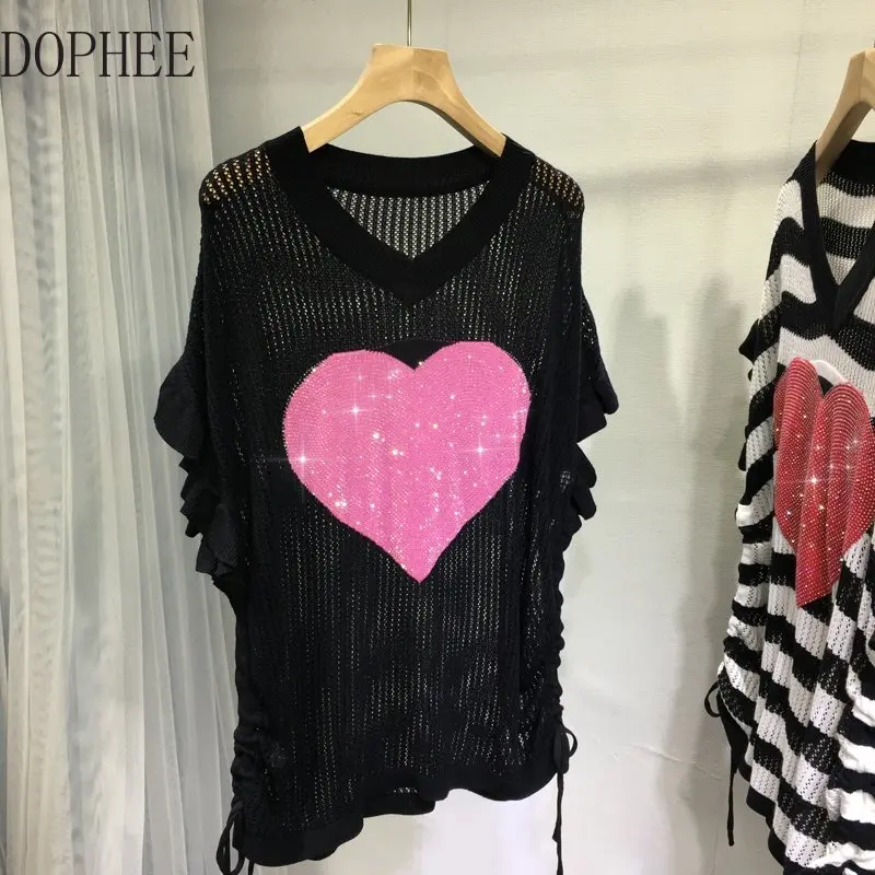 

High Quality Love Hot Drilling Short Sleeve T-shirt 2023 New Summer Ice Silk Knitted Pullover Top Loose V-neck Hollow Out Shirts