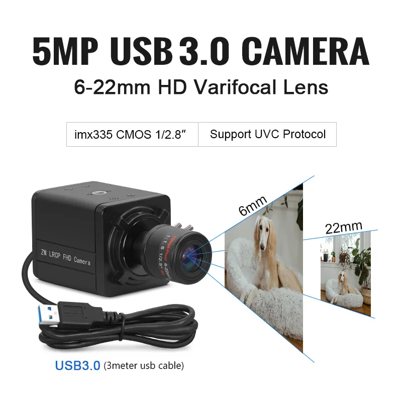 5600 5MP USB Webcam imx335 sensor cmos uvc high speed USB3.0 free driver mini hd camera with 6-22mm manual varifocal lens