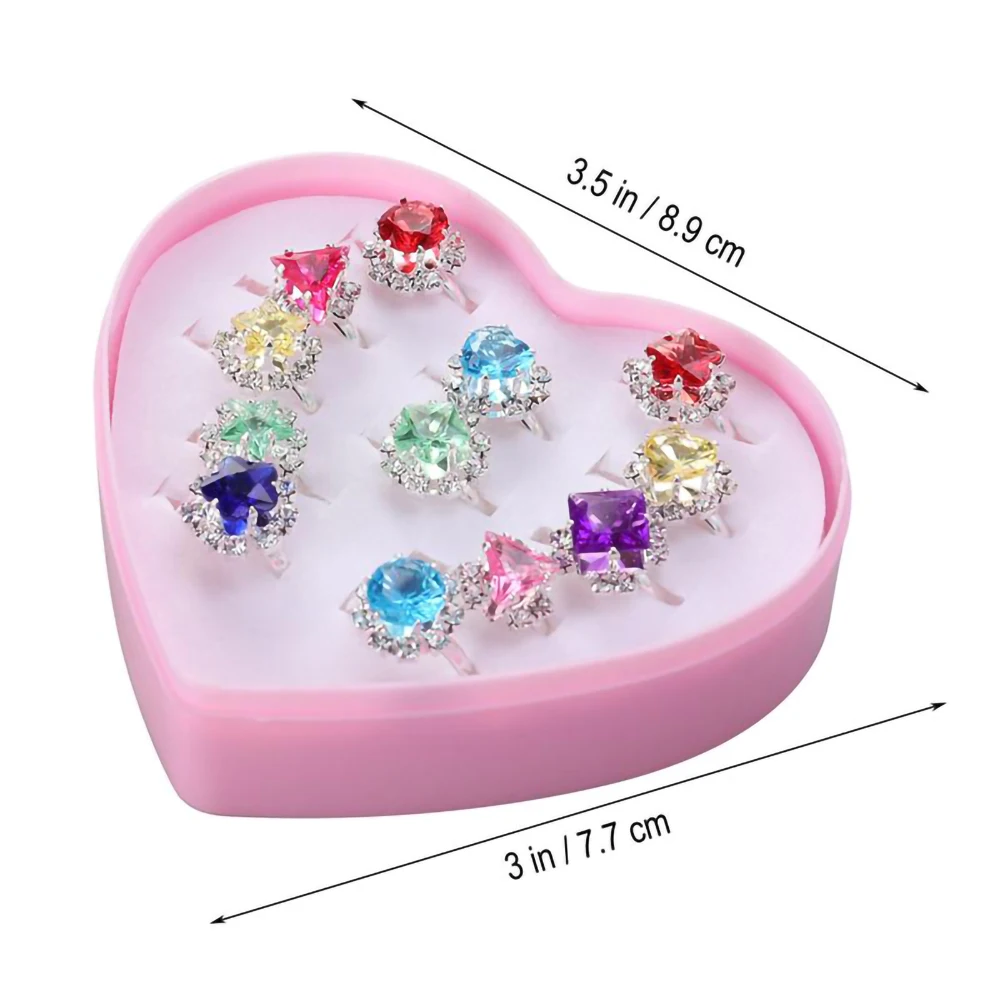 12 stücke Kinder Ring Cartoon Kunststoff Diamant Kristall Schmuck Geburtstag schöne bunte Diamante Set mit herzförmigen Box Girl