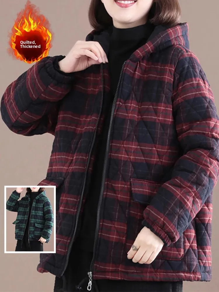 Thickened Cotton Jacket Women's Casual Hooded Long Sleeve Plaid Patterned Coat Warm Comfortable Spring Autumn Winter Outerwear