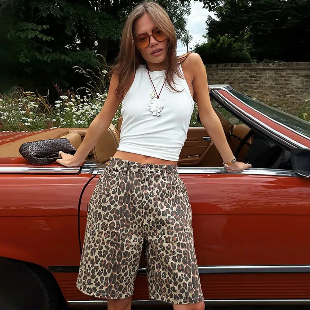 

Новые женские брюки-капри из чистого хлопка, коллекция Весна-Лето 2025, с леопардовым принтом, уличный стиль